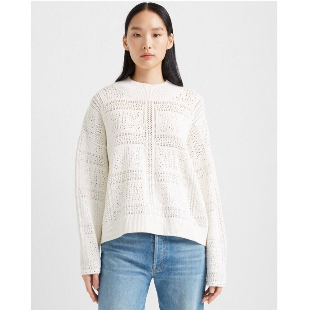 Club Monaco Pointelle Stitch High Neck Sweater in Blanc De Blanc